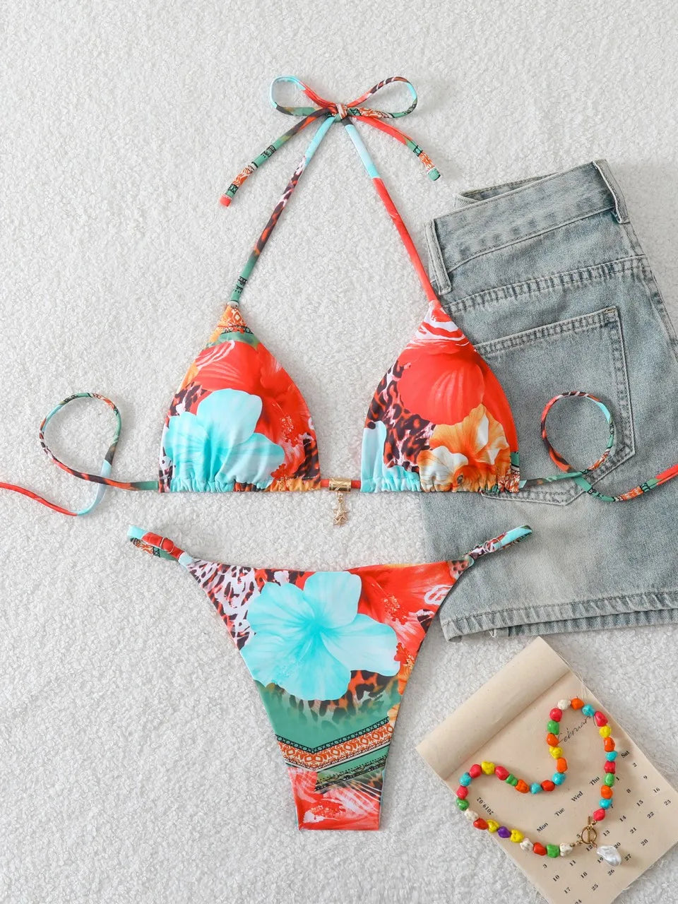 String Halter Bikini Triangle Swimsuit Women Printed Micro Swimwear Female Bathing Swimming Swim Suit Padded Beachwear