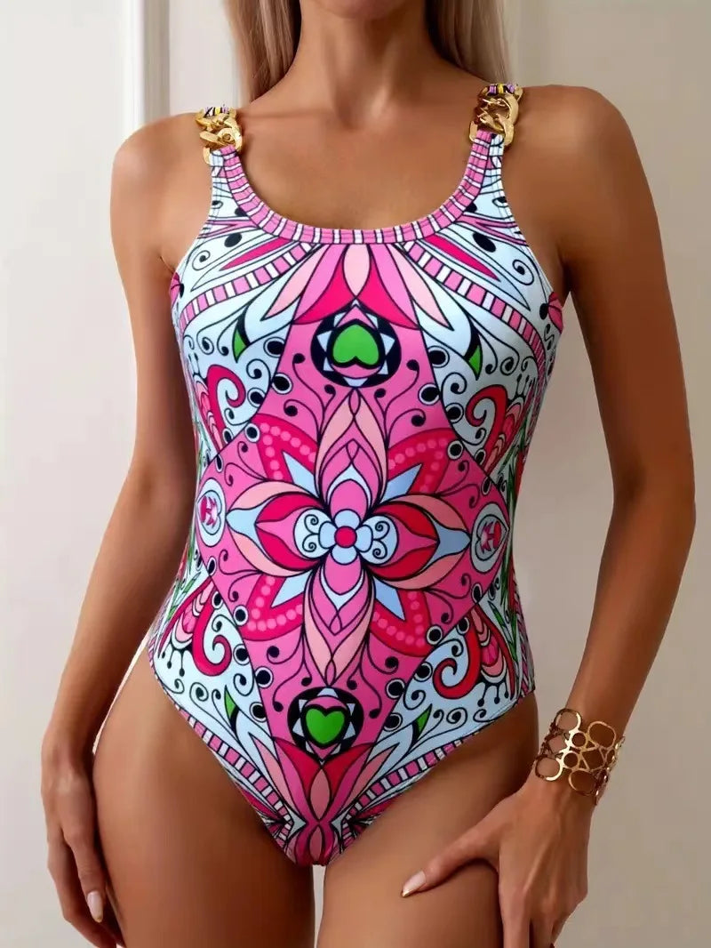 Fashionable Swimsuit 2024 Women's Retro Printed Push Up Swimsuit with One Piece Swimsuit Women