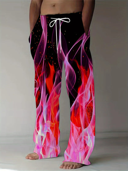 Men's Casual Pants Dynamic 3D Flame Print Straight Leg Casual Pants Waist Retro Style Street Wear