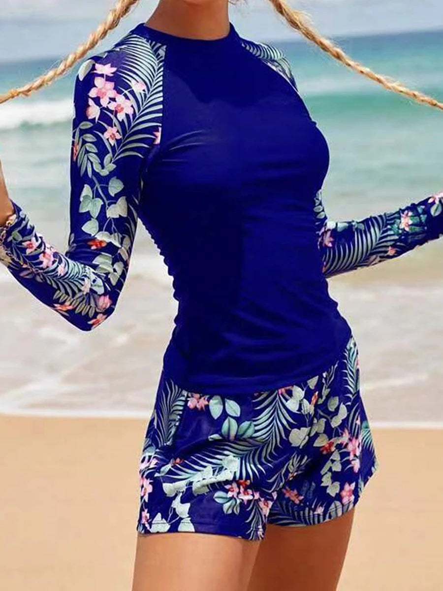 Long Sleeve Surfing Swimsuit Print Swimwear Women Two Pieces Diving Clothes Beachwear Bathing Swimming Swim Suit