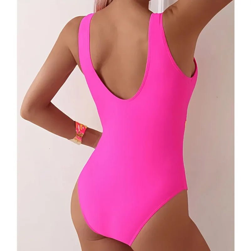 Women's Pink, Orange & Yellow Colour-Block One-Piece Swimsuit