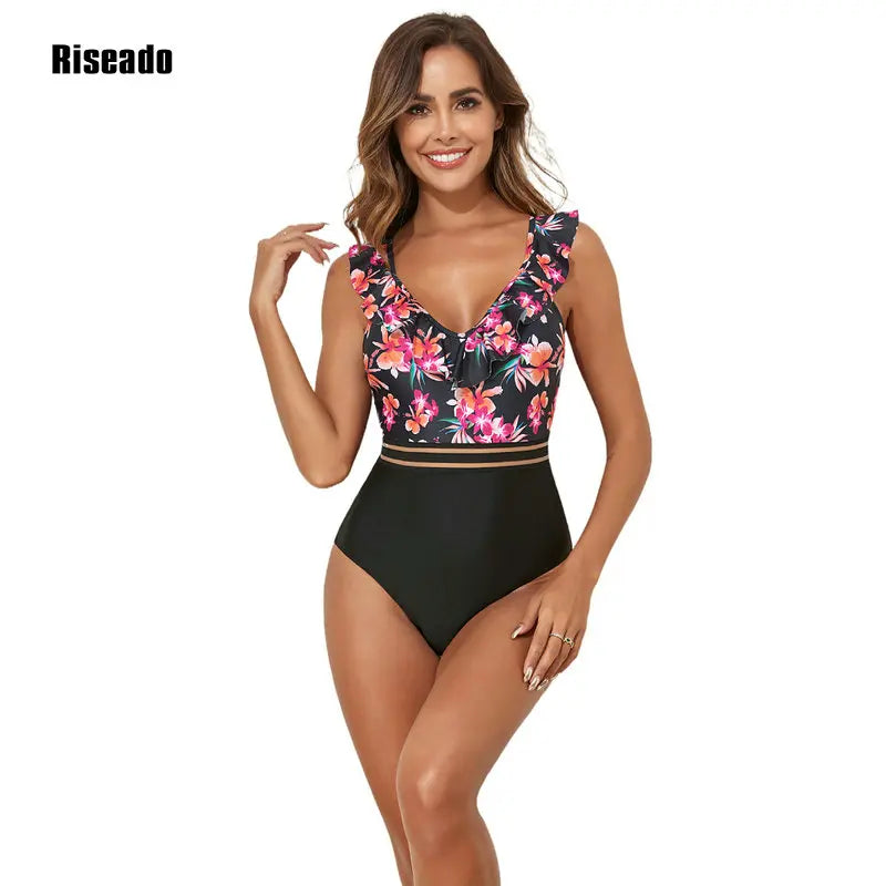 Riseado Ruffled One-Piece Swimsuit For Women Floral Sexy V-neck Backless Monokini Swimwear 2024 Mesh Bathing Suit Beachwear