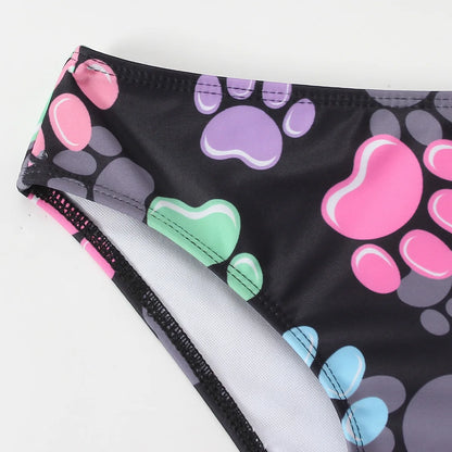 Girls Ruffle Bikini Two Pieces Swimsuit Kids Cat Footprints One Shoulder Children's Swimwear 7-12Years Bathing Suit