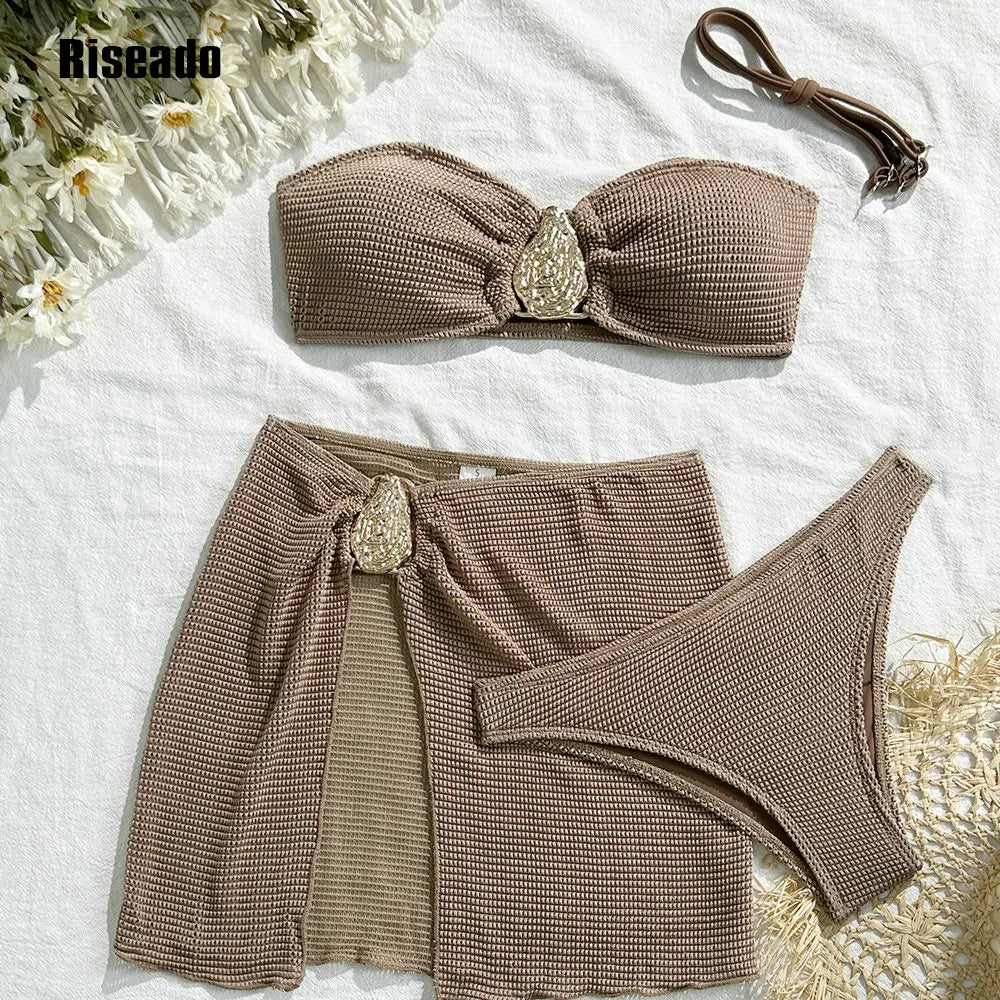 Women's Textured Bikini Sets 3 Piece Halter Swimsuits Bathing Suit with Cover Up Skirt