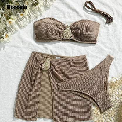 Women's Textured Bikini Sets 3 Piece Halter Swimsuits Bathing Suit with Cover Up Skirt