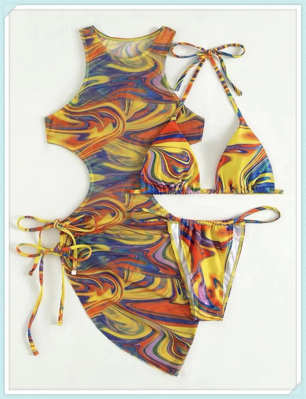 3 Piece Print Halter Triangle Bikini Sets Women Cover Up Swimwear Summer Swimsuit Female Bathing Swimming Suit Beachwear