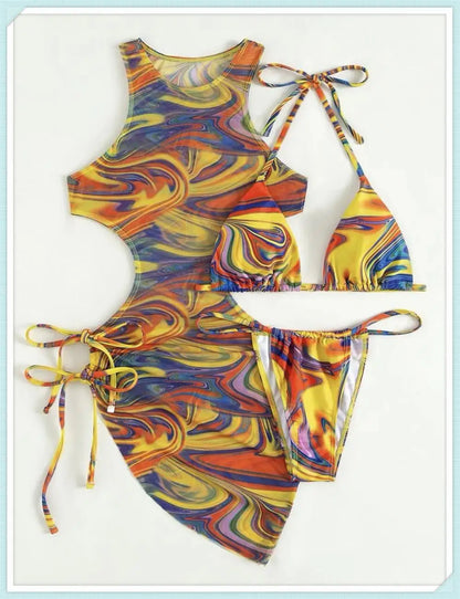 3 Piece Print Halter Triangle Bikini Sets Women Cover Up Swimwear Summer Swimsuit Female Bathing Swimming Suit Beachwear