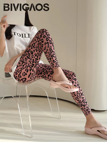 Pink Leopard Print Sharkskin Design Leggings Women High Waist Seamless Tight Sport Fitness Legging
