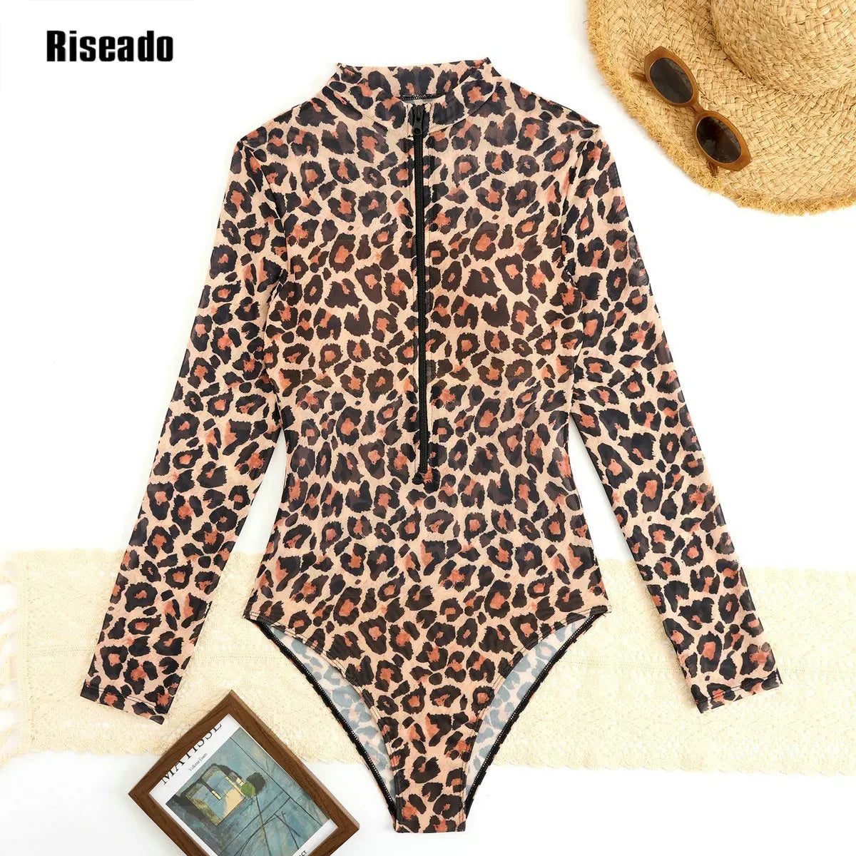 Women's Mesh Beach Suit Printed High Waist Surfing One Piece Swimsuit with Long Sleeves Large Size