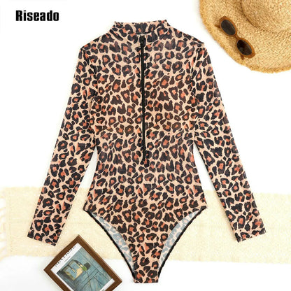 Women's Mesh Beach Suit Printed High Waist Surfing One Piece Swimsuit with Long Sleeves Large Size