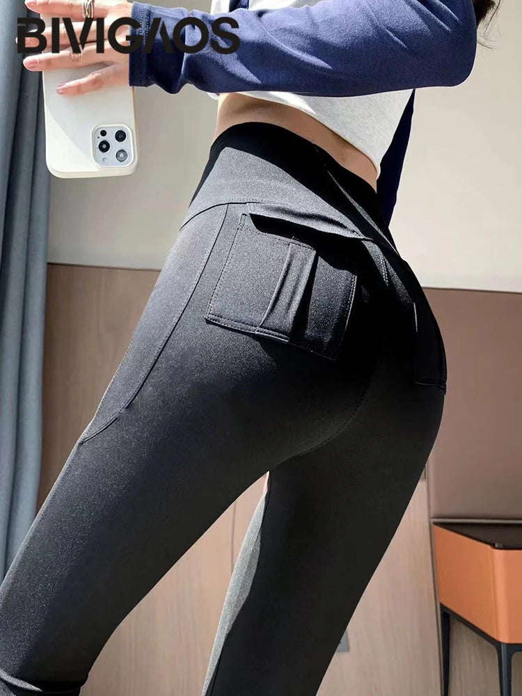 Pocket Sharkskin Cargo Leggings Women High Waist Tight-Fit Elastic Fitness Sport Leggings