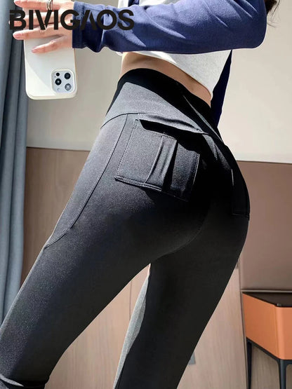 Pocket Sharkskin Cargo Leggings Women High Waist Tight-Fit Elastic Fitness Sport Leggings