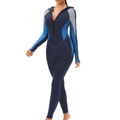 Womens Full Body Swimsuit One Piece Hooded Zipper Modest Swimsuit Full Cover Conservative Swimwear