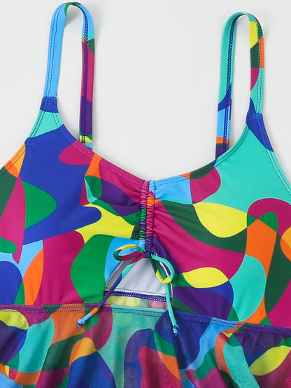Color Print Strapped 2 Piece Plus Size Tankini Set Women Large High Waist Big Swimsuit Brazilian Lady Curvy Bathing Suit