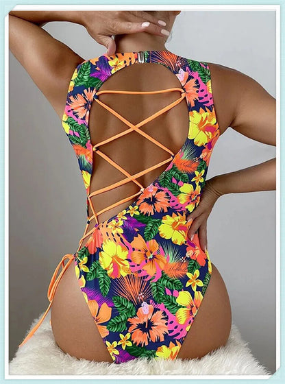 Lace Up Back Swimsuit One Piece Printed Swimwear Women Backless Bathing Swimming Suit Female Padded Beachwear Bodysuit