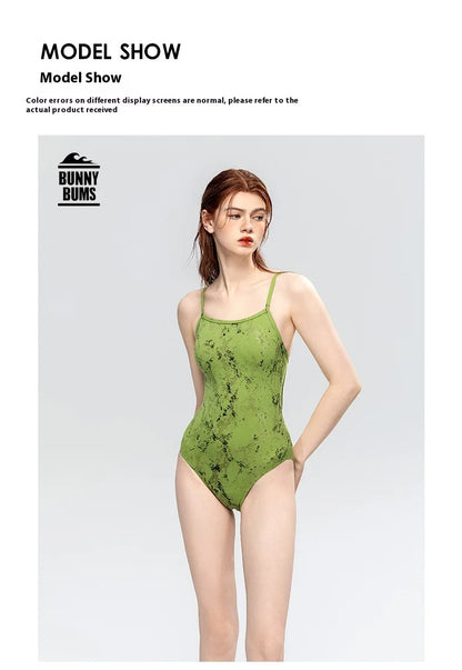 Green Pattern One-piece Swimsuit Women Quick-drying Chlorine Resistant Swimsuit