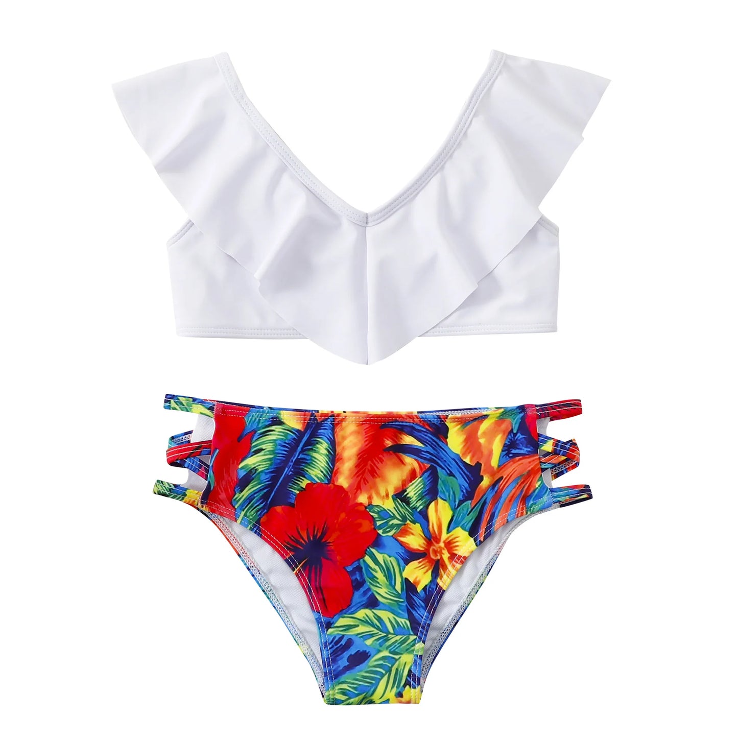 Girls Ruffle Bikini Two Pieces Swimsuit Kids Print Off Shoulder Children's Swimwear 7-12Years Teenager Bathing Suit Beach Wear
