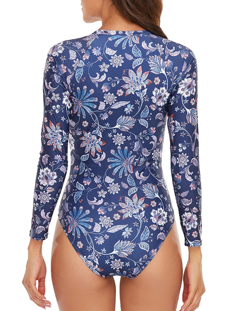 Half Zipper Surfing Swimsuit One Piece Long Sleeve Bathing Suit Women Printed Plus Size Swimwear Women Rashguard Diving XXL
