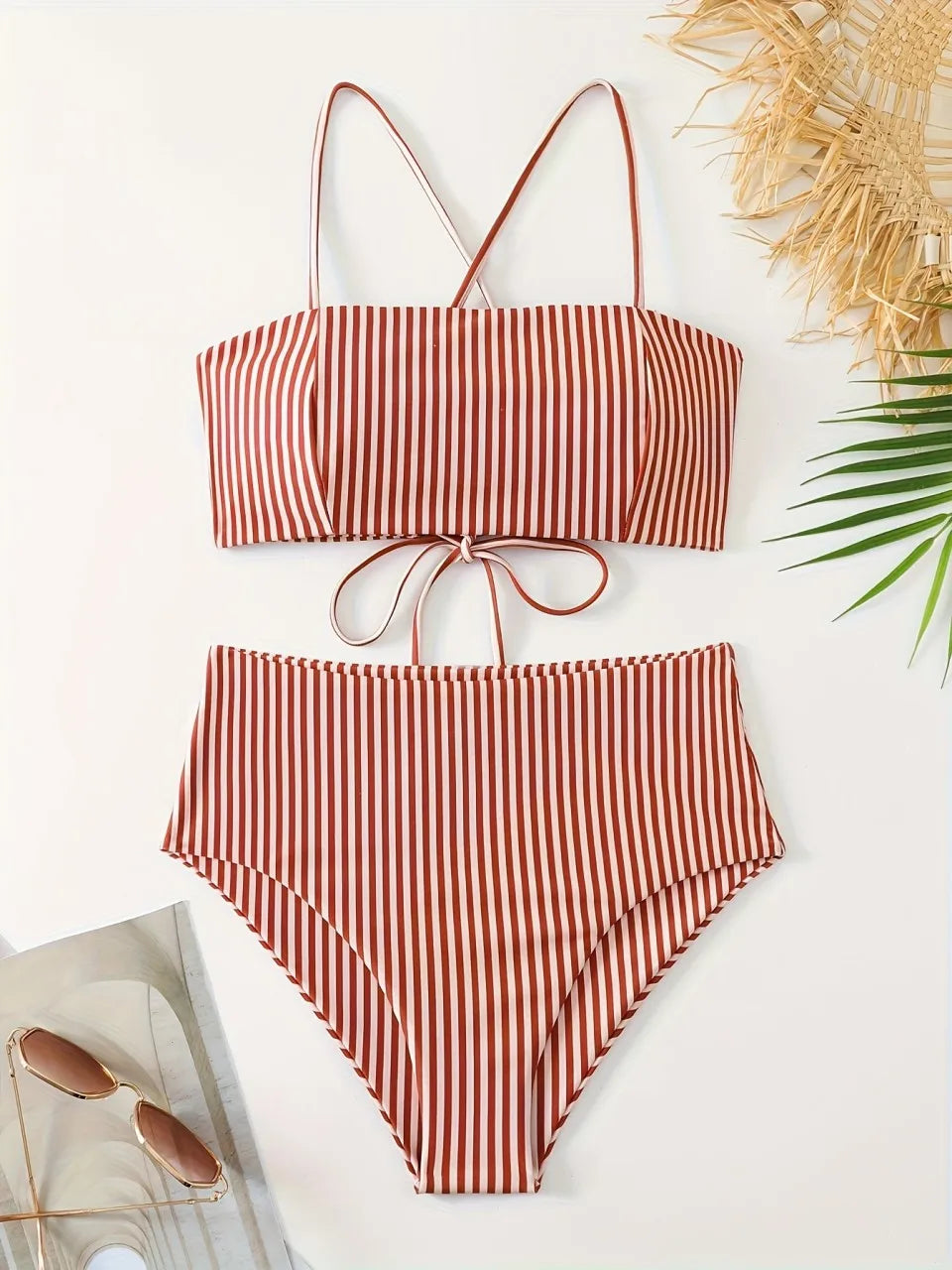 Strappy Bandeau Bikini Triangle High Waist Swimwear Female Striped Swimsuit Women Bathers Bathing Swimming Suit Beachwear