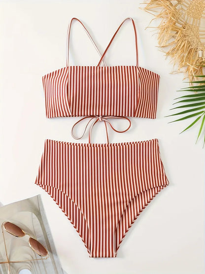 Strappy Bandeau Bikini Triangle High Waist Swimwear Female Striped Swimsuit Women Bathers Bathing Swimming Suit Beachwear