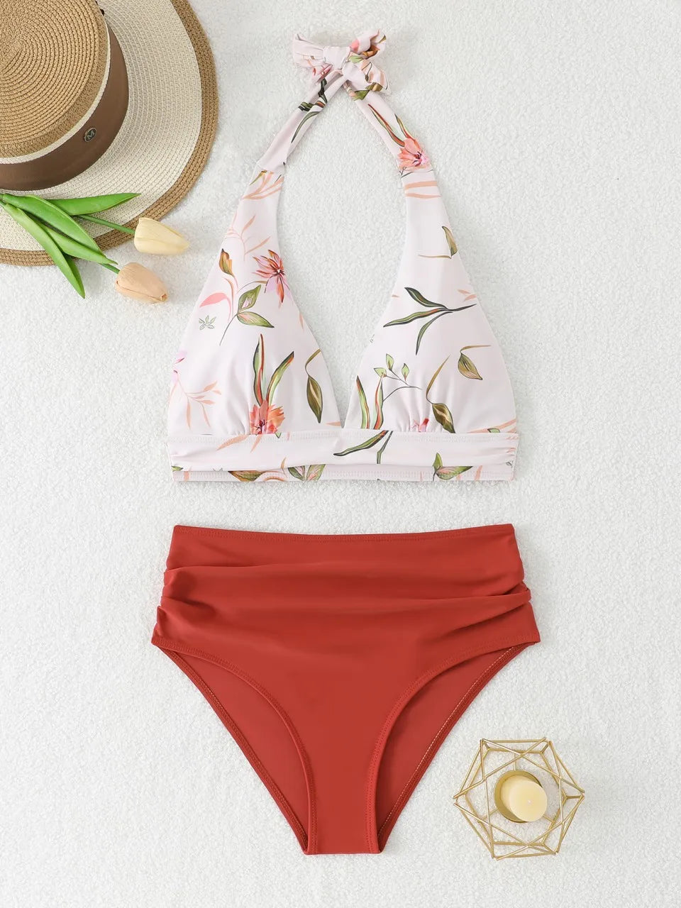 Women's Floral Halter Bikini Set with Red High-Waisted Briefs