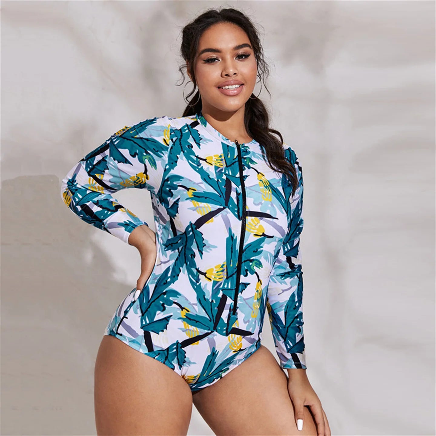 Summer Women Plus Size Large Bikini Long Sleeved Triangle Shorts Rash Guards Surfing One Piece Suit Snorkeling Swimwear