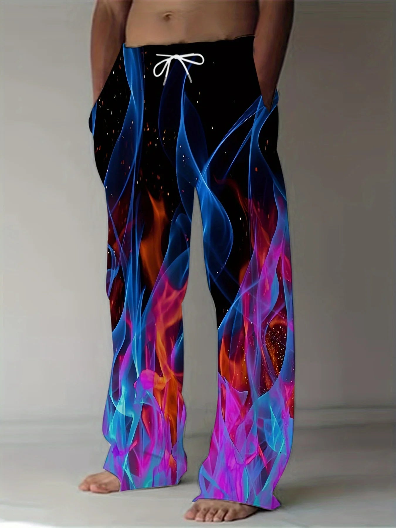 Men's Casual Pants Dynamic 3D Flame Print Straight Leg Casual Pants Waist Retro Style Street Wear