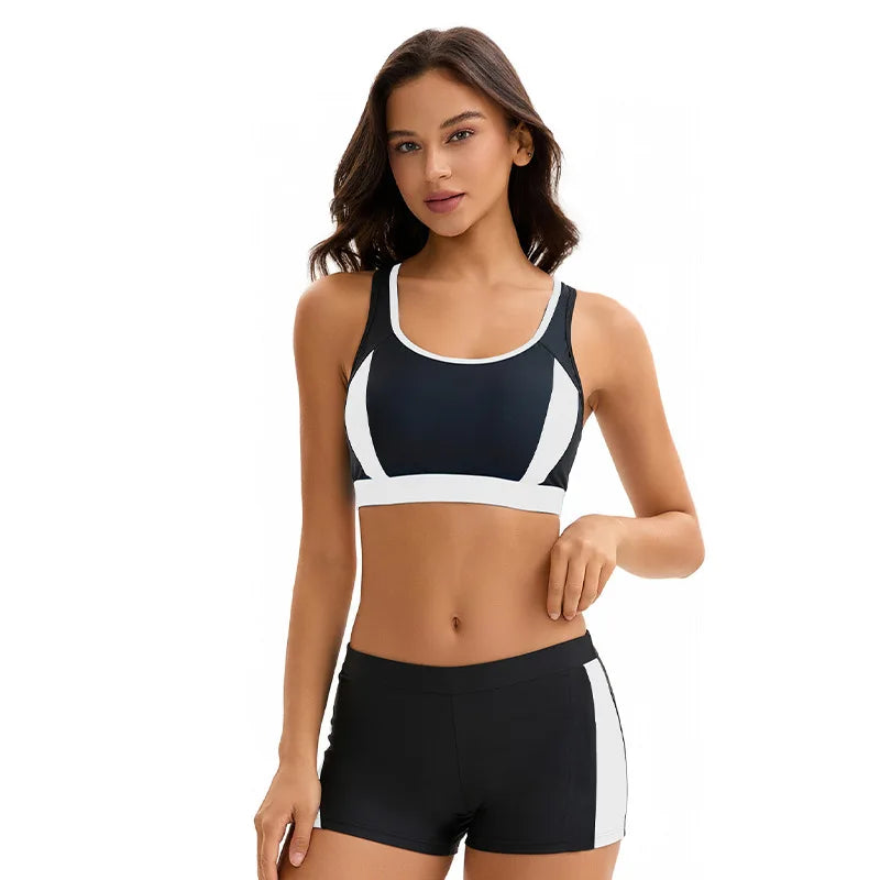 Two Piece Bikinis Swimsuits for Women Tummy Control Bathing Suit with Shorts Athletic Swimwear  Block Color Swimming Wear