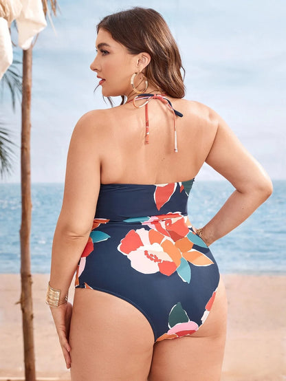 Print Push Up Plus Size Swimwear Women Tied Halter Large Big One Piece Swimsuit Curvy Brazilian Bathing Suit