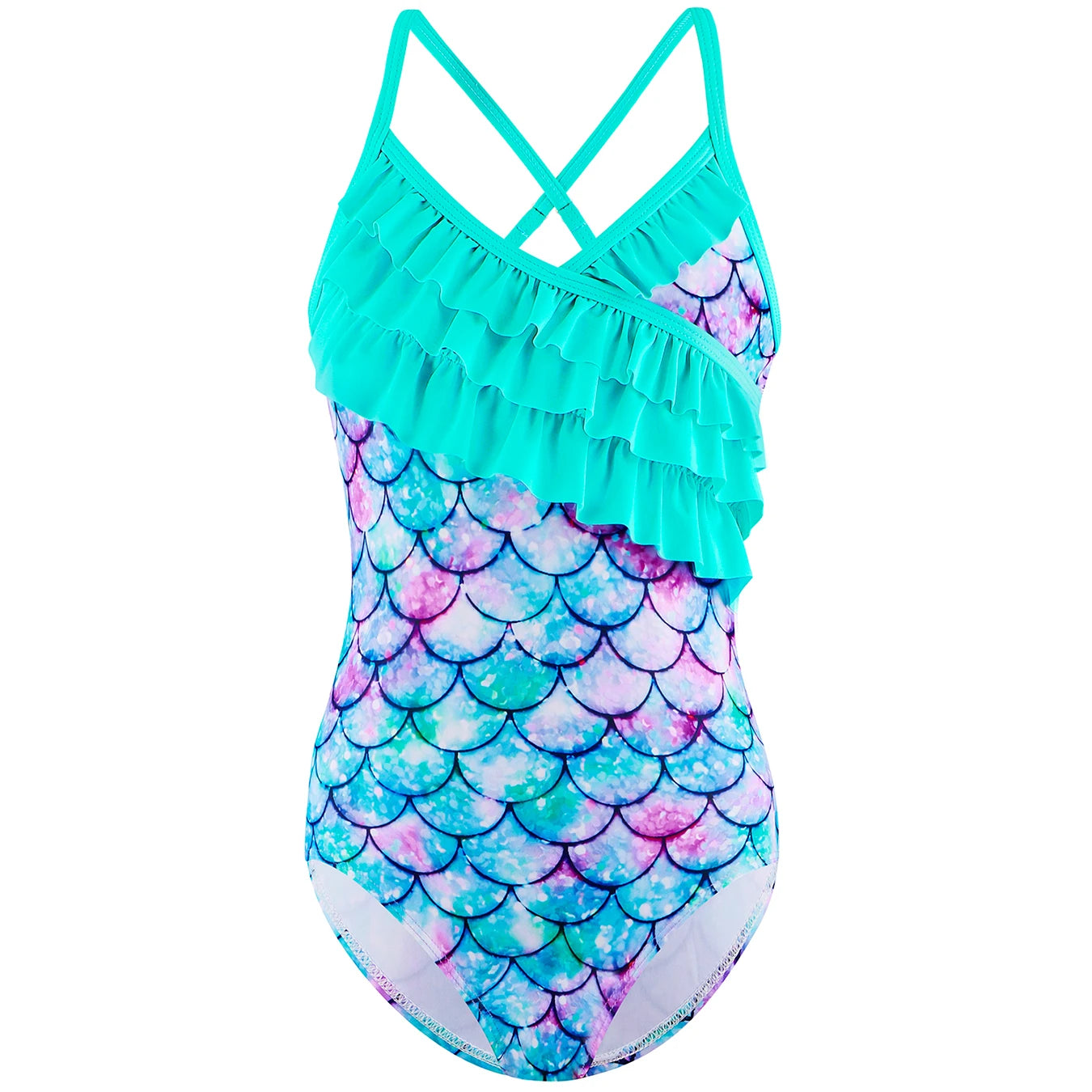 One-Piece Swimsuit Bikini Cut Ruffle Frill Swimwear Kids Girl Shimmering Scale Printed Thin strap Cross back Summer Swimming Suit