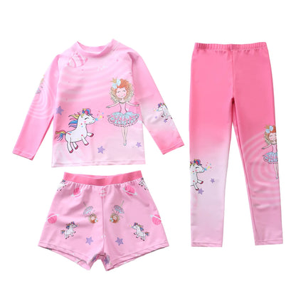 Kids Swimsuit for Girls Unicorn Long Sleeve Children's Swimwear + Surf Pants + Swimming Trunks Rash Guard Bathing Suit Child