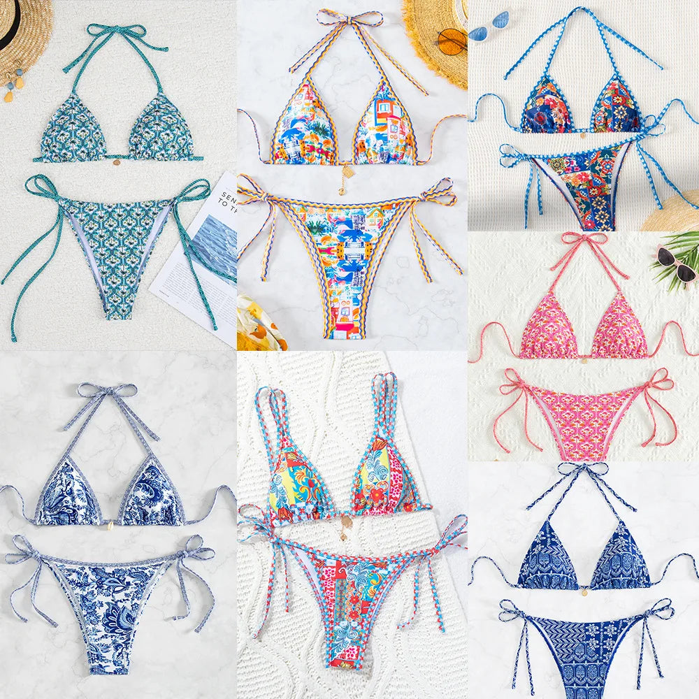 Triangle Bikini Set - Floral Print Push Up Swimsuit & Brazilian Bottoms