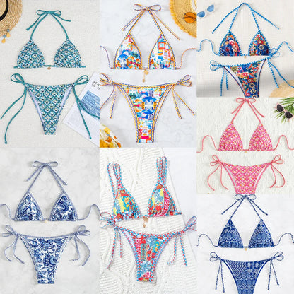 Triangle Bikini Set - Floral Print Push Up Swimsuit & Brazilian Bottoms