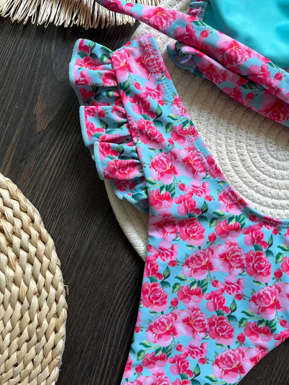 Flowers Print Ruffled Frilled Bandeau Bikini Women Swimwear Female Swimsuit Two-pieces Bikini Set Bather Bathing Suit Swim