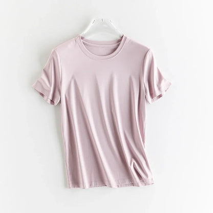10% Silk & Mercerized Cotton Women T-shirt Luxury Tee Short Sleeve Silky Feeling Summer Wear Tops V / O-neck