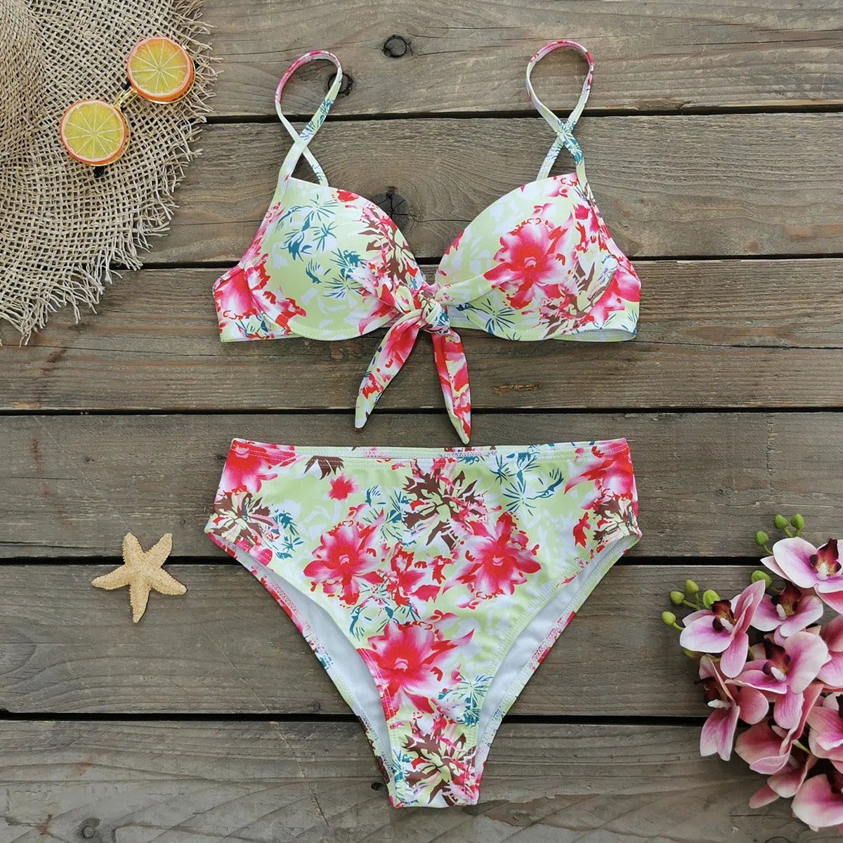 Leaf Print Bikini Female Swimsuit Women Swimwear Thong Push Up Bikinis Set High Waist Swimming Suits for Bathing Suit