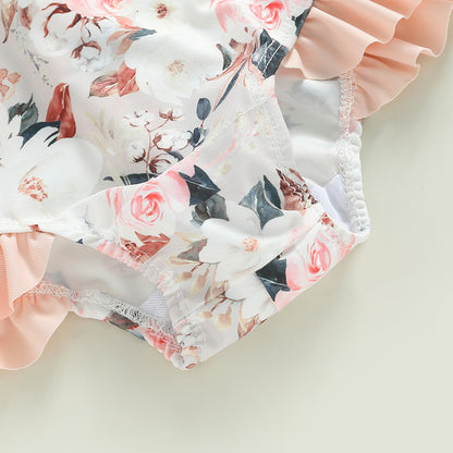 0-4Y Toddler Baby Girl Swimsuit Romper 4 Colors Flower Print Long Sleeve Ruffle Bikini Bathing Suit