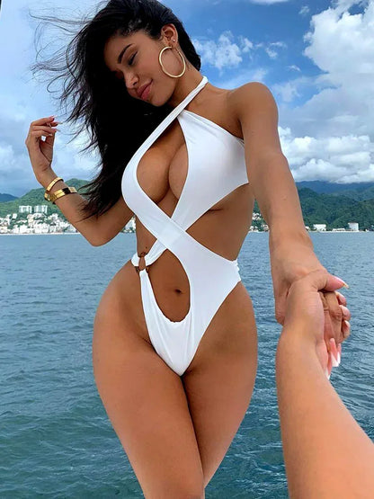 High Cut Out Halter Female Swimwear One Piece Swimsuit Women Cross Bandage Monokini Bather Bathing Suit Swim Bodysuit