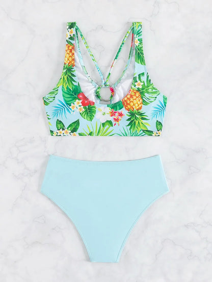 Strappy Hollow Bikini Women Ring Linked Swimwear Female Fold Triangle Swimsuit Bathers Bathing Swimming Suit Beachwear