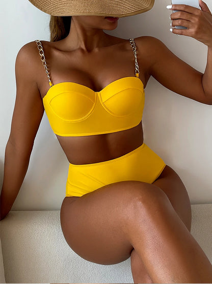 Chain Strap Bikinis  Women Solid Push Up Swimsuit High Waist Swimwear Female  Bathing Suit Swimming Summer Beachwear