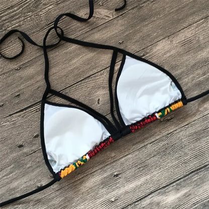 Bikini Women Swimsuit Swimwear High Waist Multi-rope Hollow Print Bikinis Set Bathing Suit Bikini Brasileno Taille Haute