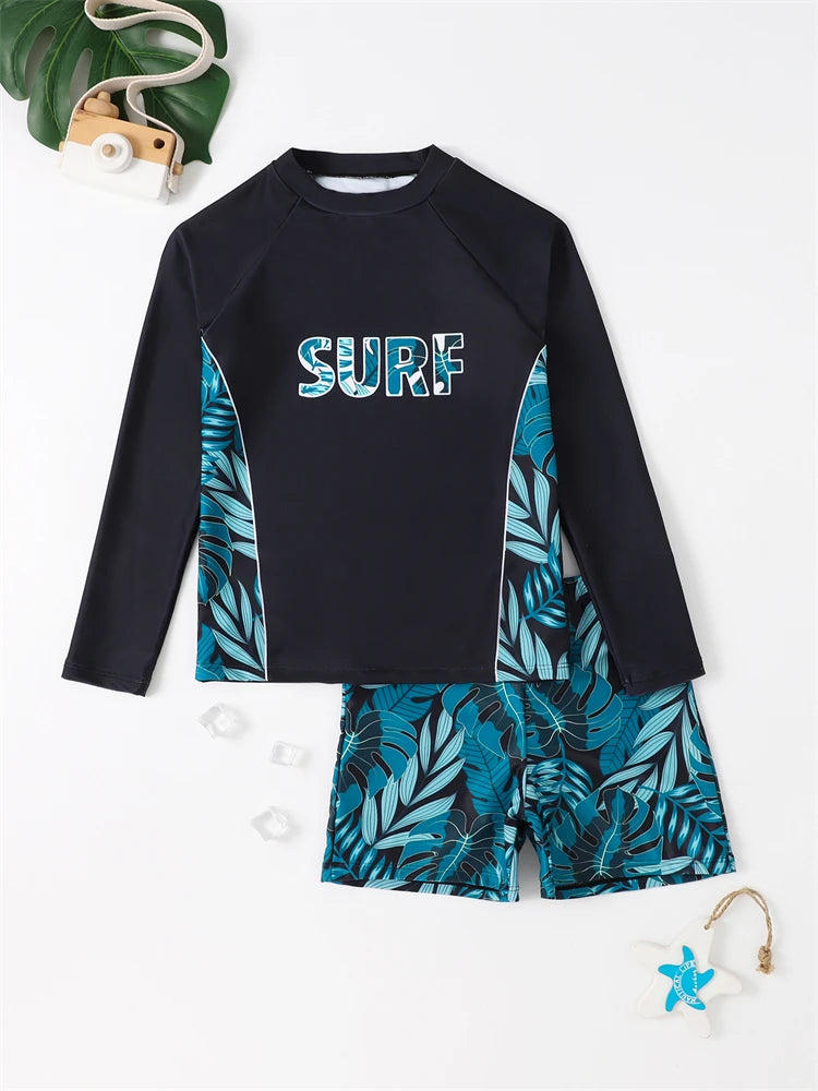 Boy Swimsuit Geometry Print Long Sleeve Children Swimwear Summer Two Piece Kids Beach Wear Swimming Bathing Suit Men's