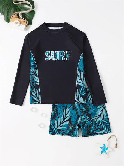 Boy Swimsuit Geometry Print Long Sleeve Children Swimwear Summer Two Piece Kids Beach Wear Swimming Bathing Suit Men's