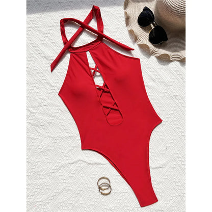 S - XL 7 Colors Lace Up High Neck Full Back Women Swimwear One Piece Swimsuit Female High Leg Cut Bather Bathing Suit Swim