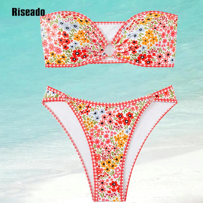 Women's Bandeau Off Shoulder Bikini Set Floral Print Whip Stitch 2 Piece Swimsuits Bathing Suits