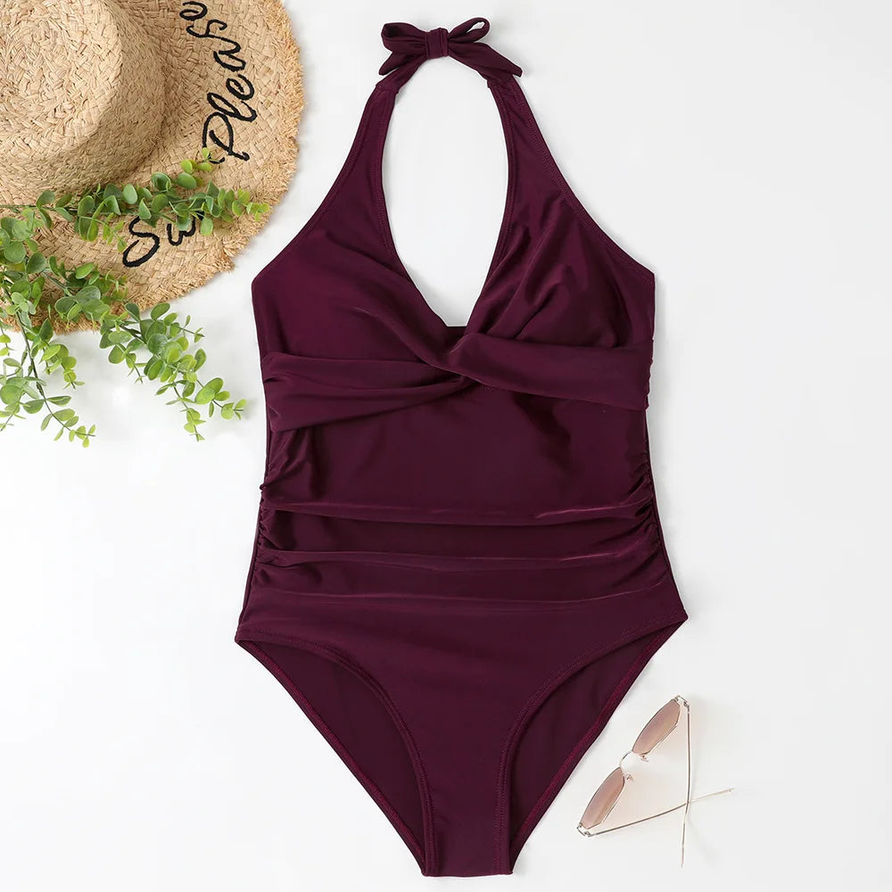 S - XXL Wrinkled Halter V Neck One Piece Swimsuit Women Swimwear Female Monokini Backless Bathing Suit Swim Beachwear Bodysuit