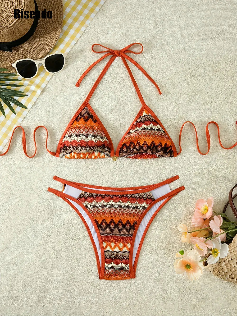 Women's Bikini Sets Halter Neck Crochet Colo block Two Piece Swimsuits Open Back High Cut Thong Bathing Suit