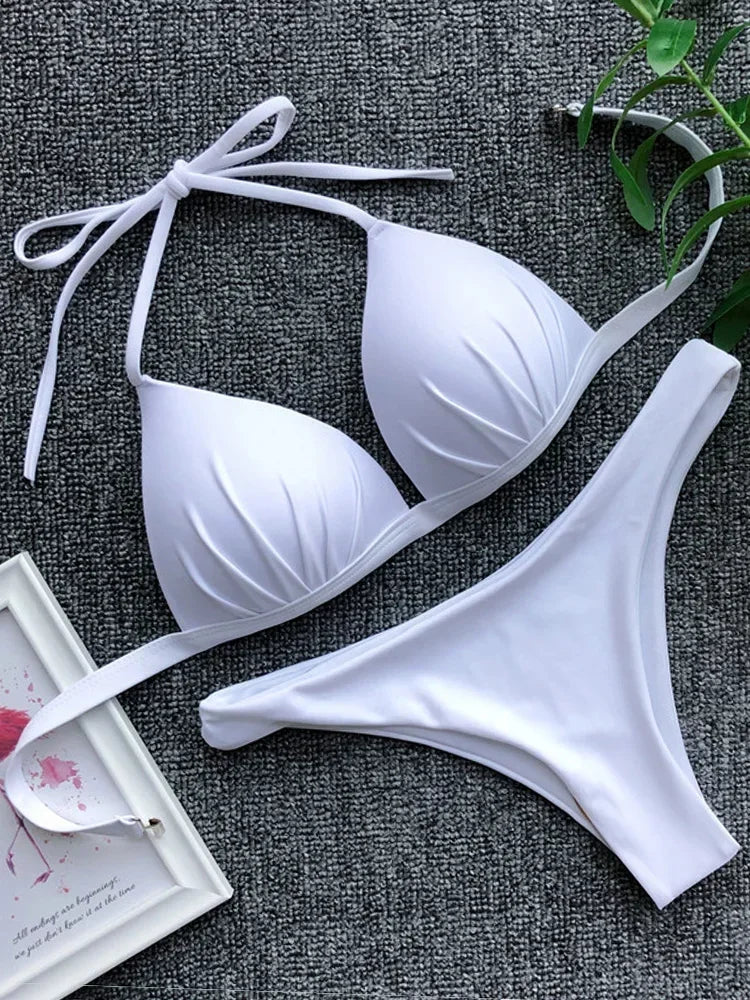 Halter Bra Cup Bikini Swimsuit Female White Swimwear Women Push up Bikini set Brazilian Bathing Suit Bandeau Swim suit