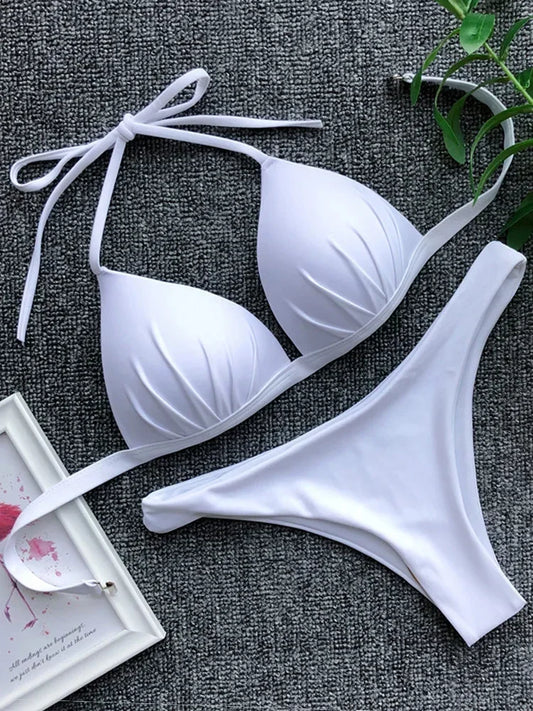 Halter Bra Cup Bikini Swimsuit Female White Swimwear Women Push up Bikini set Brazilian Bathing Suit Bandeau Swim suit