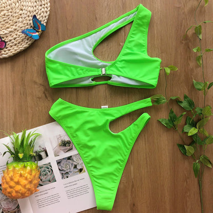 Solid color swimsuit irregular diagonal shoulder  bikini Swimwear Beach Bathing Suits